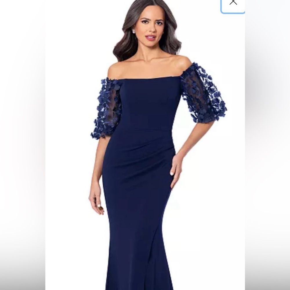 MELANIE" 3D FLORAL SLEEVE SCUBA CREPE GOWN Elegant Navy Off-Shoulder Dress